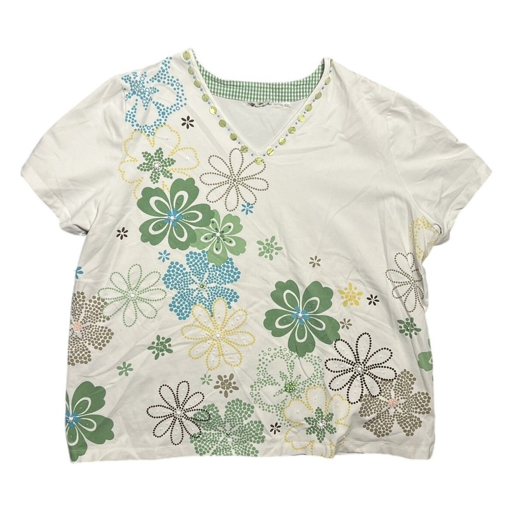Women's White Floral V-Neck T-Shirt Green Gingham Trim Sequin Accents‎ Size 2XL